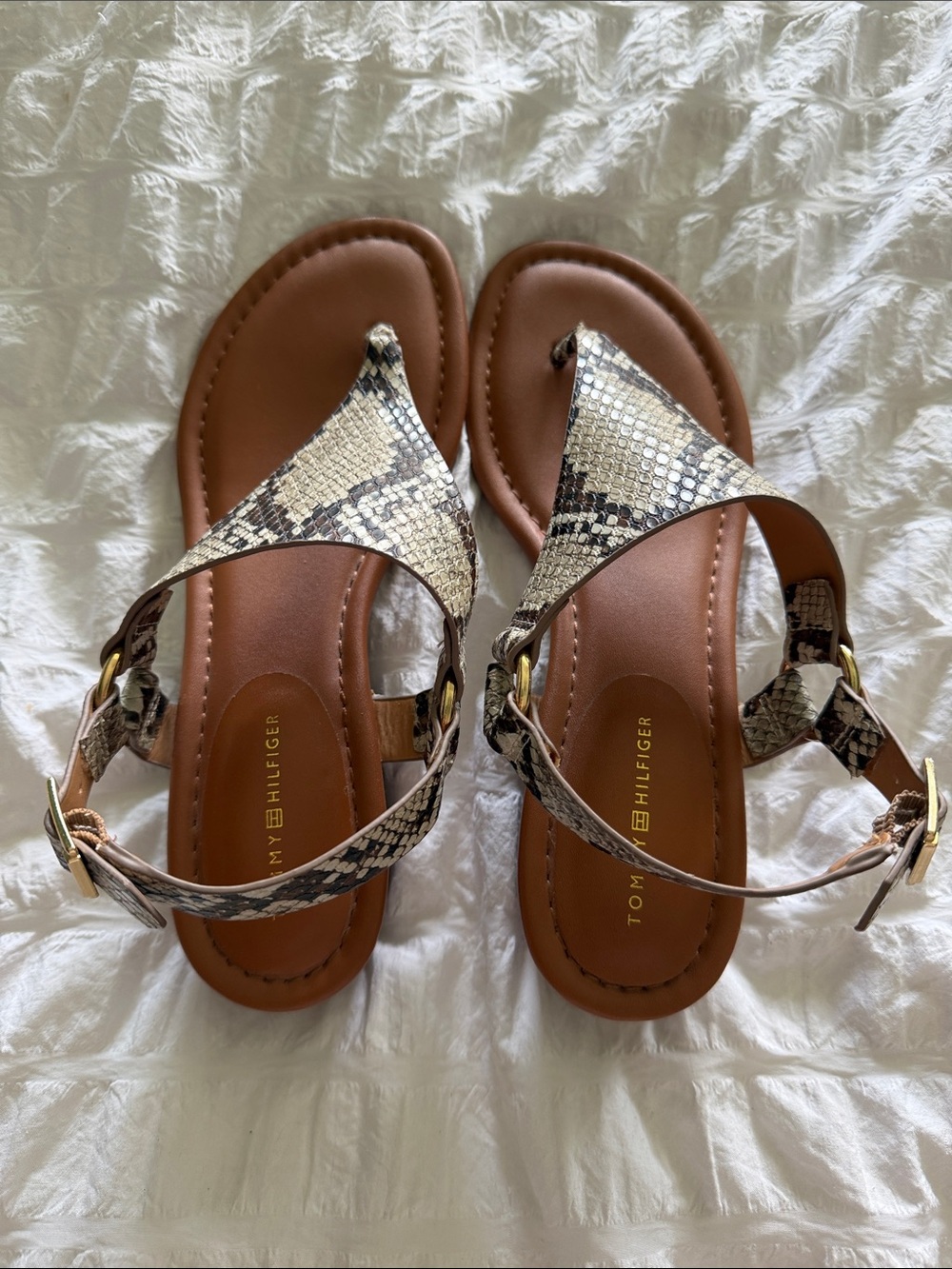 Tommy Hilfiger Brown Snake-Print Sandals with Gold Hardware